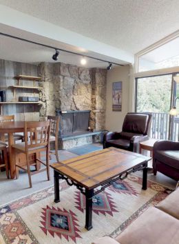 The image shows a cozy living room with a sofa, armchairs, a wooden coffee table, a dining table, a TV, a fireplace, and large windows.