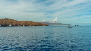 A calm ocean scene with a rocky coastline in the background and several boats scattered in the water under a partly cloudy sky.