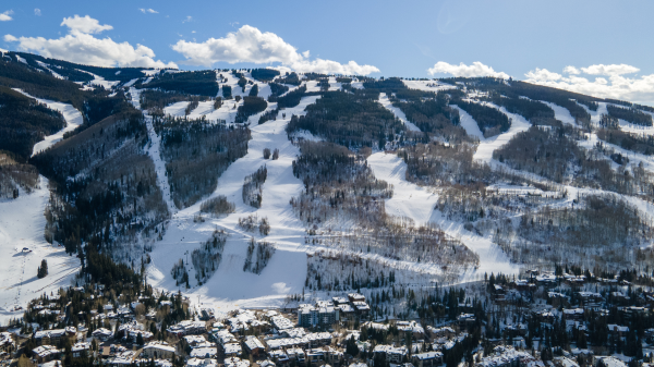 A snow-covered mountainous landscape with ski slopes and a village at the base, surrounded by trees under a clear sky.