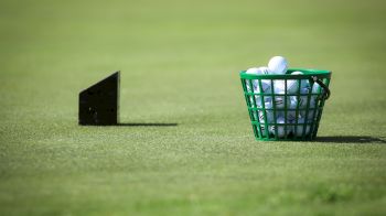 A green basket full of golf balls is placed on a golf course next to a small black sign.