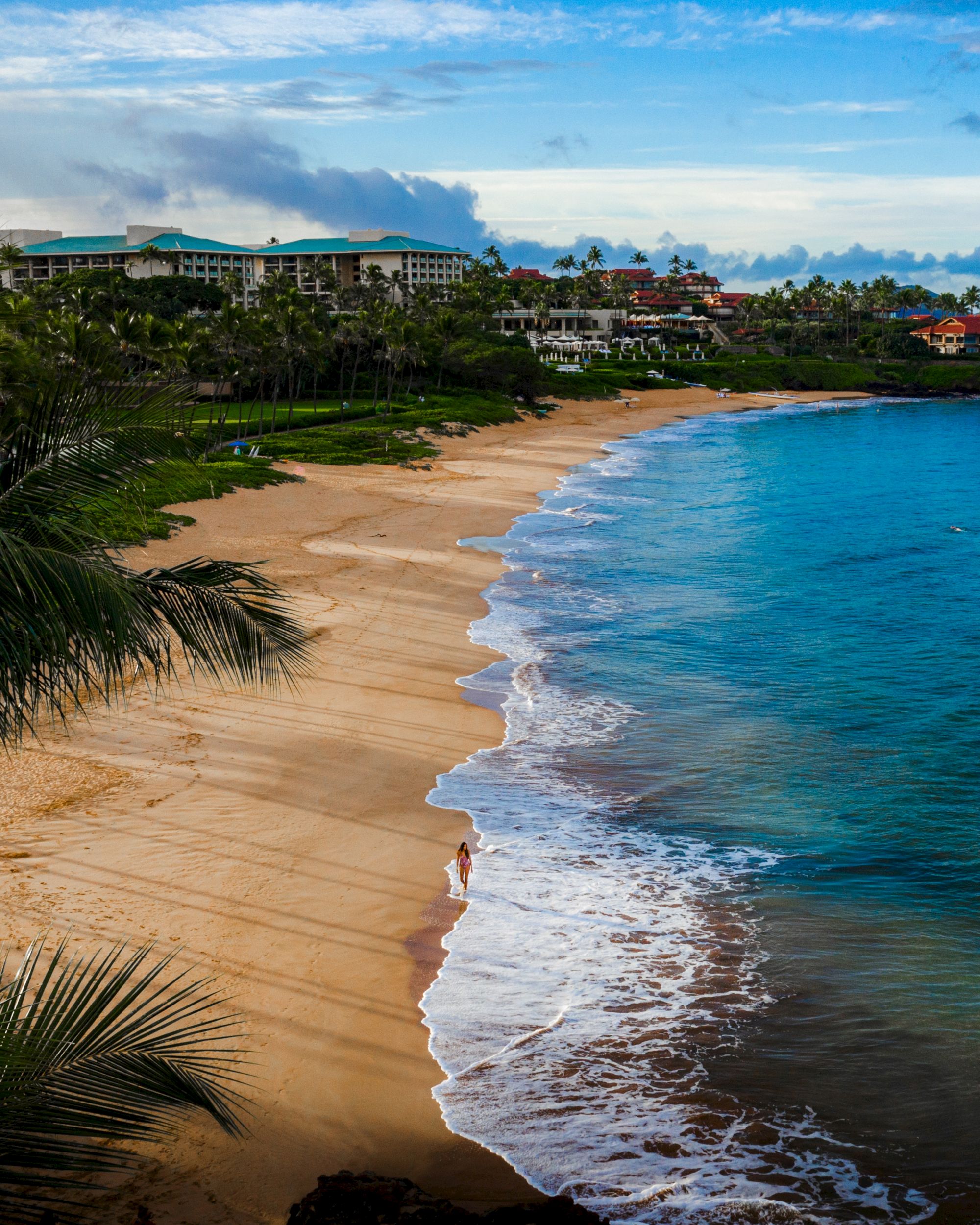 A serene beach with beige sand and clear blue water, bordered by palm trees. Buildings are visible in the background under a partly cloudy sky.