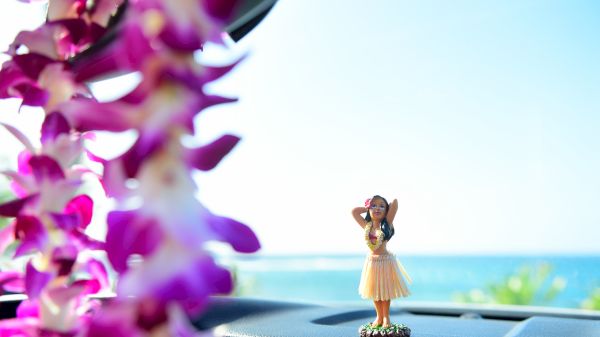 A dashboard hula dancer figurine on a car's dashboard with a blurred lei in the foreground, and a scenic ocean view in the background ending the sentence.