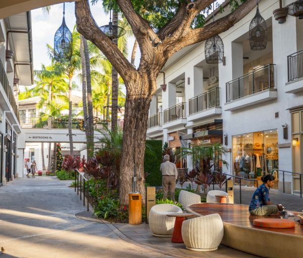 An outdoor shopping area with modern architecture, trees, seating, and shops on both sides. People are walking and sitting, creating a lively atmosphere.