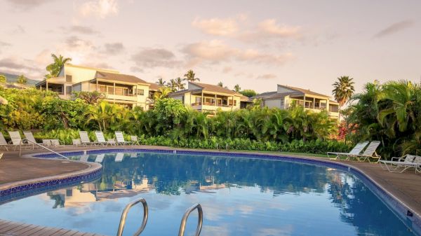 A serene outdoor swimming pool with surrounding lounge chairs, lush greenery, palm trees, and residential buildings in the background ending the sentence.