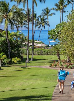 Two people walking down a path towards the beach, surrounded by palm trees and greenery, carrying beach chairs with the ocean visible in the background.