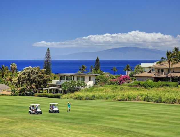 A scenic view of a golf course with golf carts and a player, backed by lush greenery, houses, and an ocean with a mountainous island in the distance.