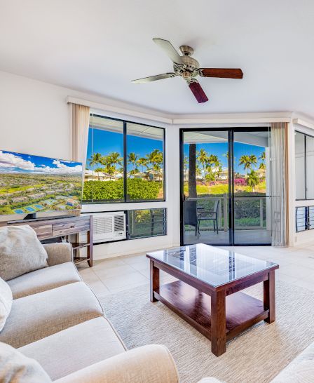 A bright living room with a ceiling fan, TV, sofa, coffee table, and large windows showcasing a view of palm trees and greenery outside.